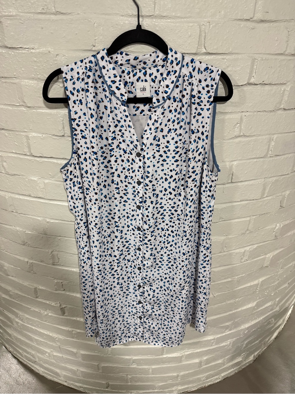 CAbi White Sleeveless Button-Front Dress with Blue Spot Print